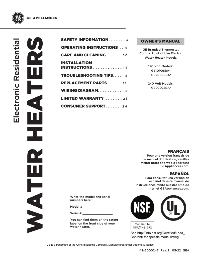 Página 1 del manual Manual de usuario GE GE20L08BAR