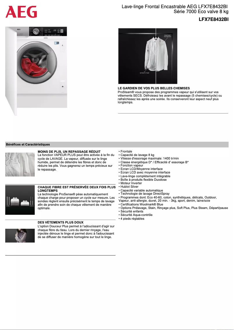 Page 1 de la notice Fiche technique AEG LFX7E8432BI