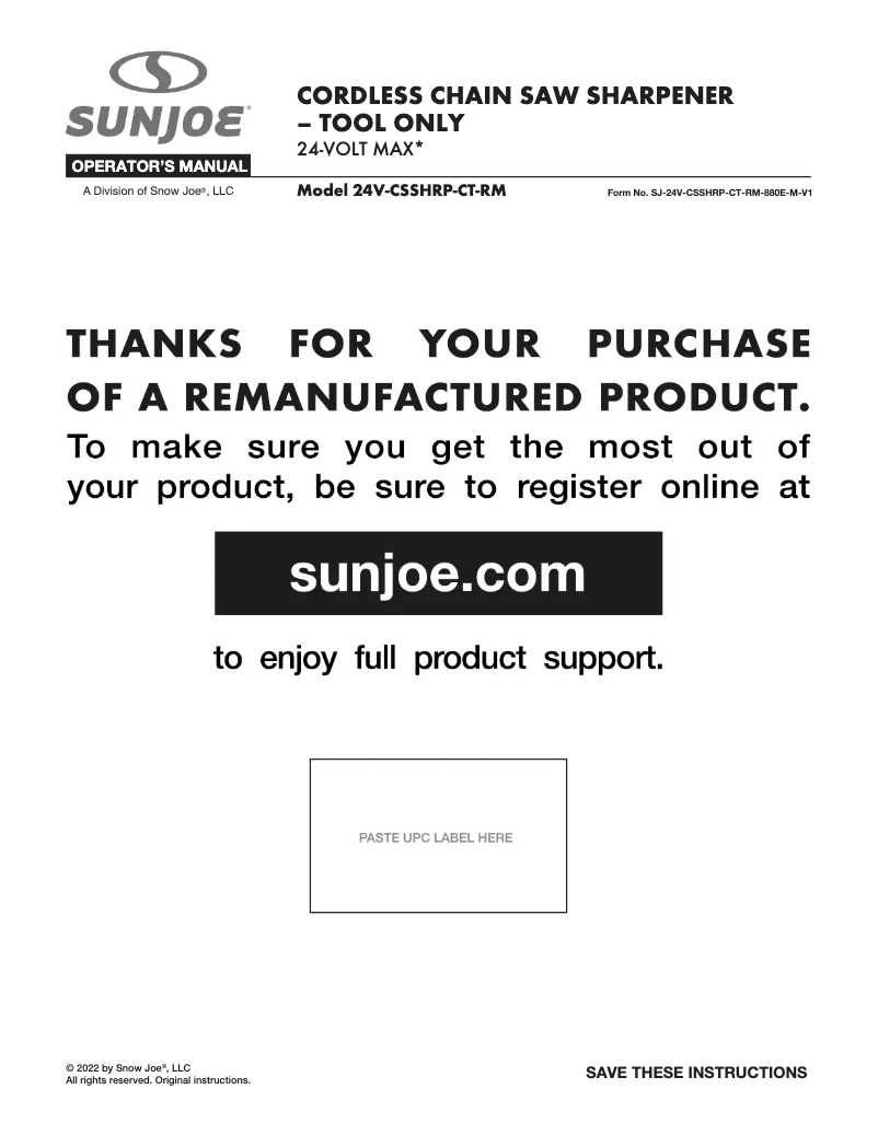 Page 1 de la notice Manuel utilisateur Sun Joe 24V-CSSHRP-CT-RM