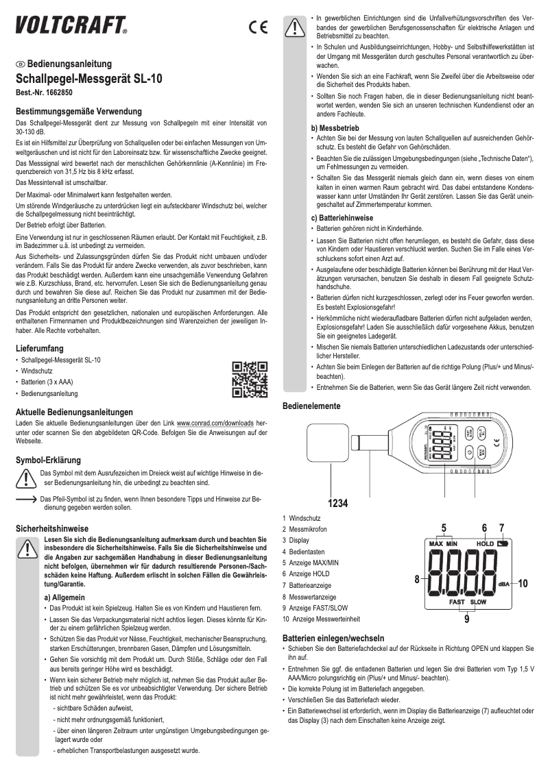 Page 1 de la notice Manuel utilisateur Voltcraft SL-10