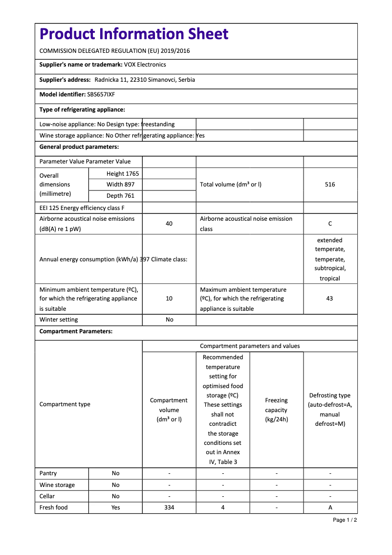 Página 1 del manual Ficha técnica VOX SBS657IXF