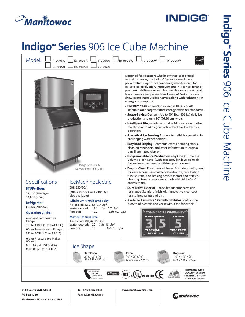 Página 1 del manual Ficha técnica Manitowoc ID-0996N