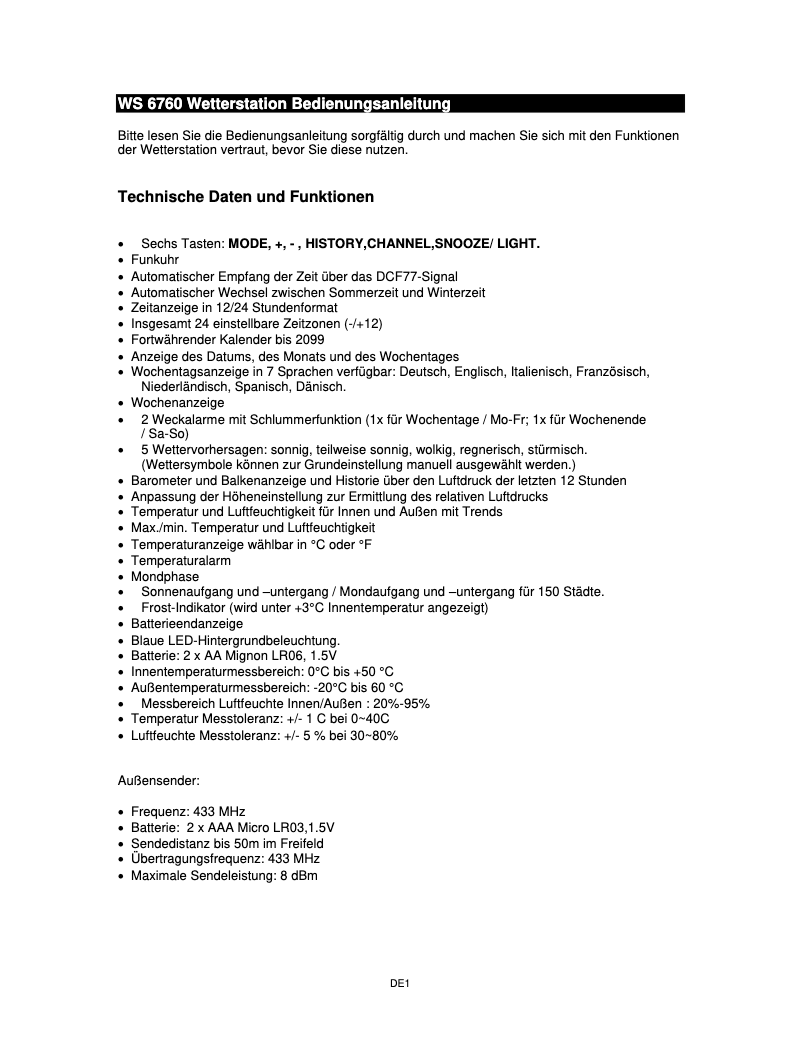 Page 1 de la notice Manuel utilisateur Techno Line WS 6760