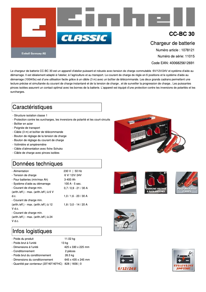 Page 1 de la notice Fiche technique Einhell CC-BC 30