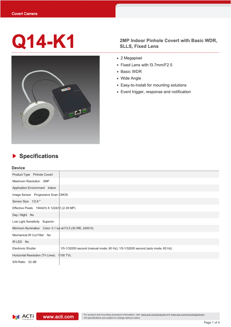 Página 1 del manual Ficha técnica ACTi Q14-K1