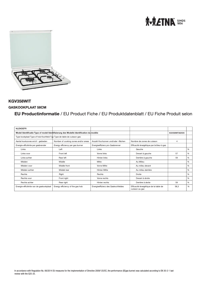Page 1 de la notice Fiche technique Etna KGV358WIT