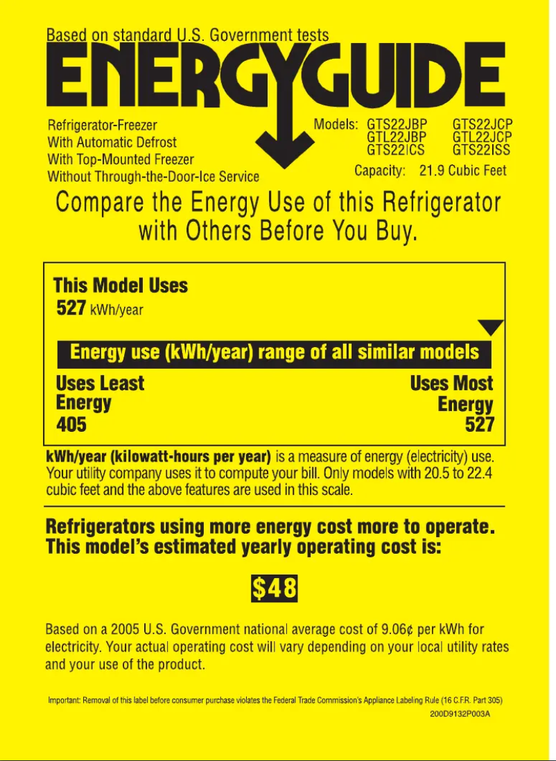 Page 1 de la notice Label énergétique GE GTS22ISSRSS