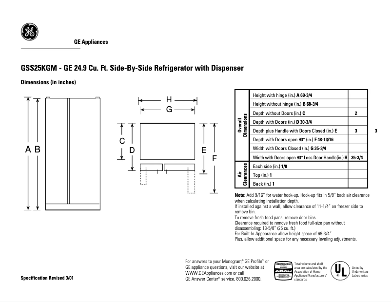 Page 1 of the manual Technical Sheet GE GSS25KGMBB