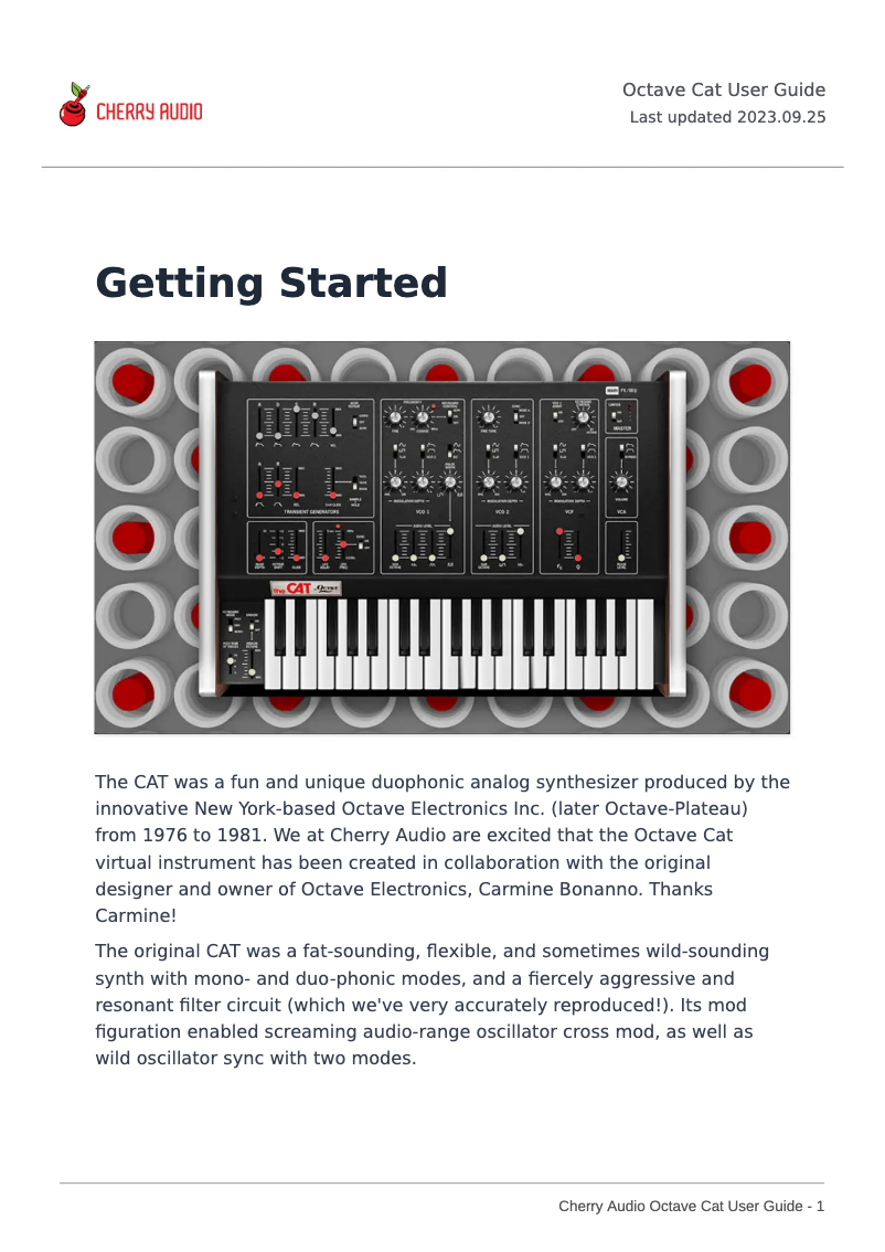 Page 1 de la notice Manuel utilisateur Cherry Audio Octave Cat