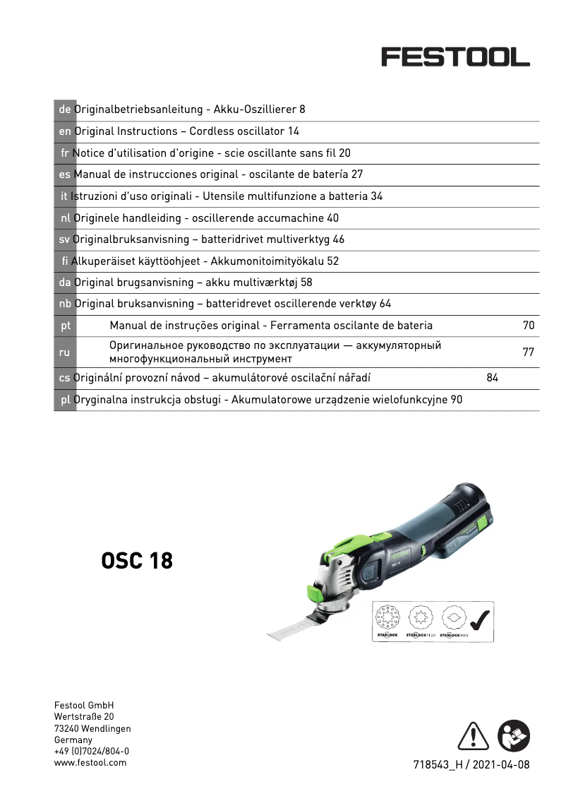Page 1 de la notice Manuel utilisateur Festool OSC 18