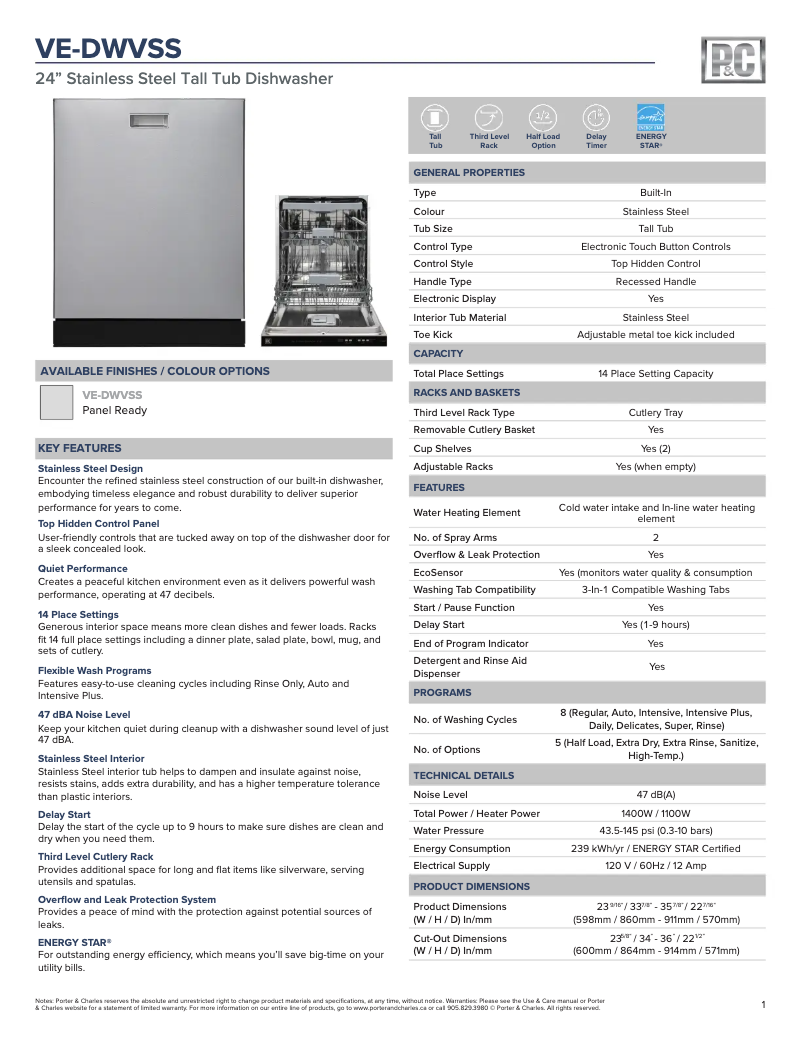 Page 1 de la notice Fiche technique Porter & Charles VE-DWVSS