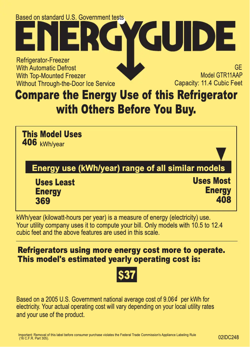 Page 1 de la notice Label énergétique GE GTR11AAPRWW