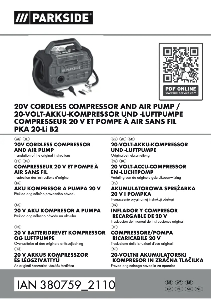 Page 1 de la notice Manuel utilisateur Parkside PKA 20-Li B2