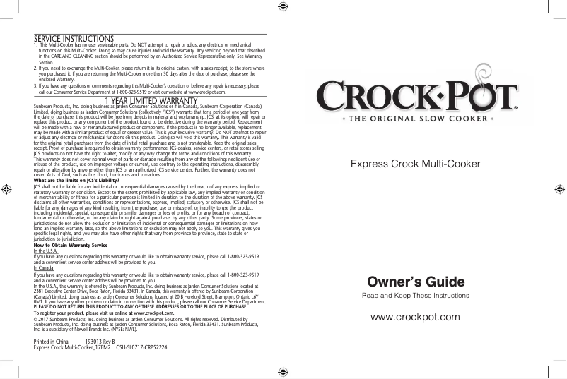Page 1 de la notice Manuel utilisateur Crock-Pot Express Crock SCCPPC600-V1