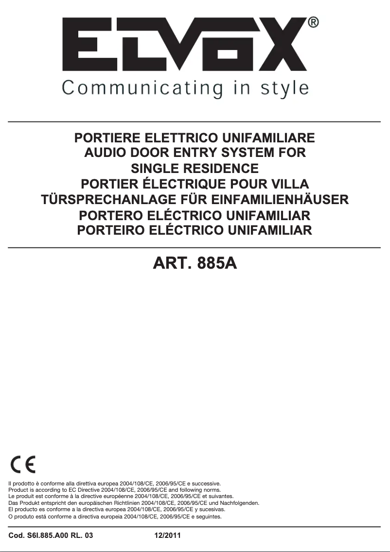 Page 1 of the manual User Manual Vimar ELVOX 885A