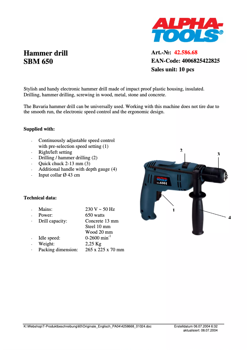 Page 1 de la notice Fiche technique Alpha Tools SBM 650 E