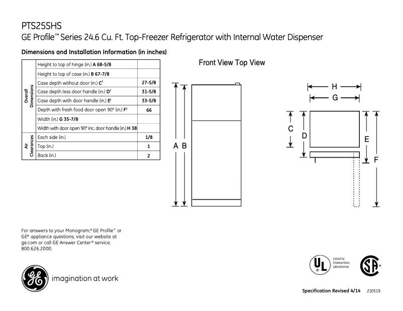 Página 1 del manual Ficha técnica GE PTS25SHSSS
