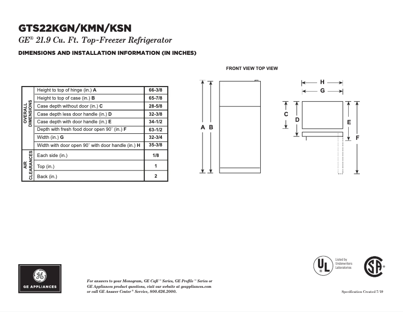 Page 1 of the manual Technical Sheet GE GTS22KMNRDS