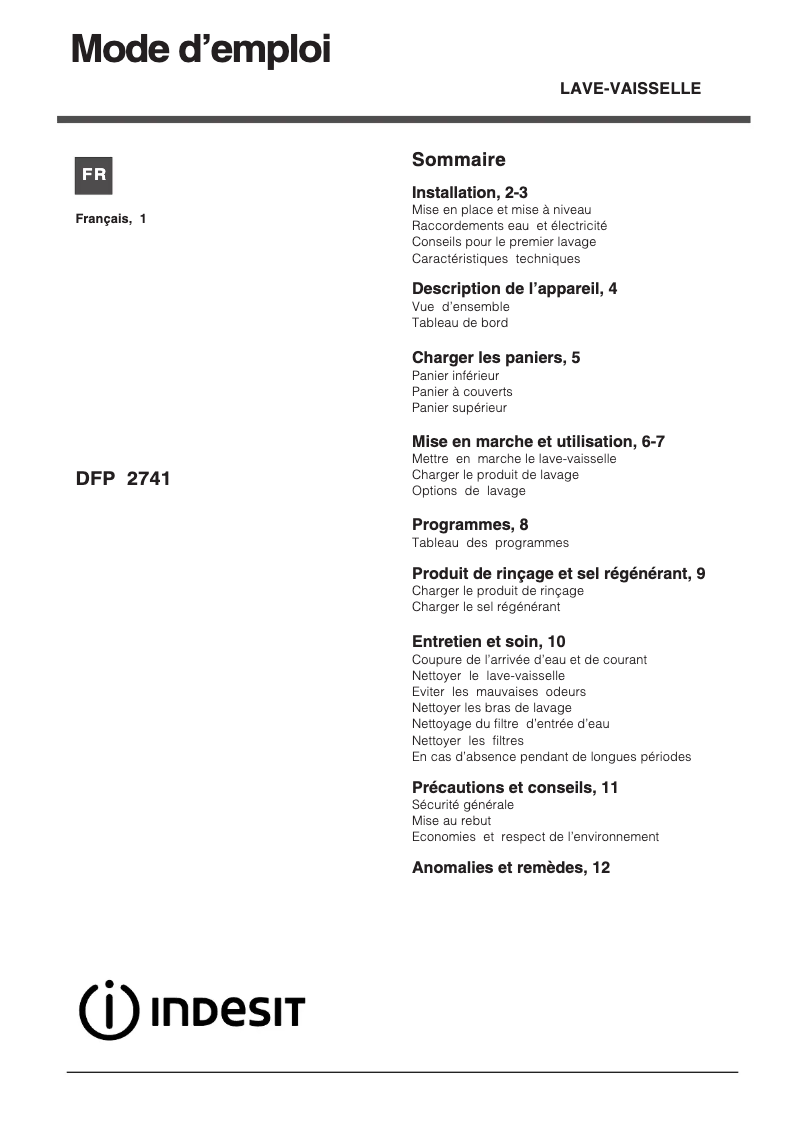 Page n°1 - Manuel utilisateur Indesit DFP 2741 NX FR
