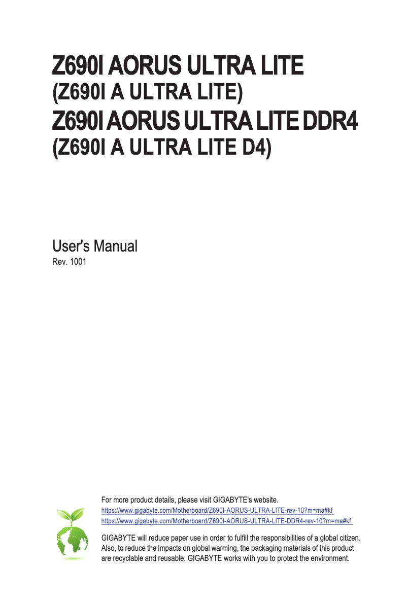 Page 1 de la notice Manuel utilisateur Gigabyte Z690I Aorus Ultra Lite DDR4
