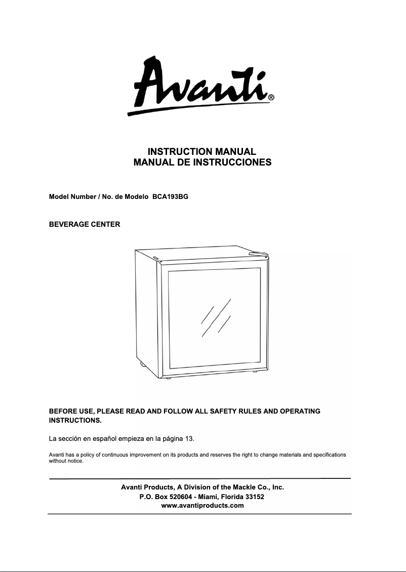 Page 1 de la notice Manuel utilisateur Avanti BCA193BG