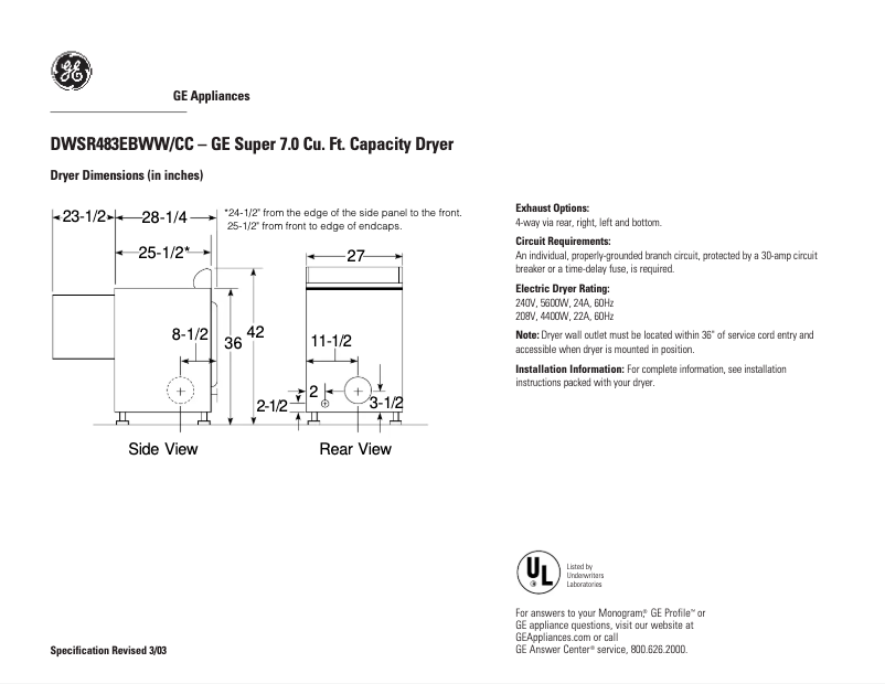Página 1 del manual Ficha técnica GE DWSR483EBCC