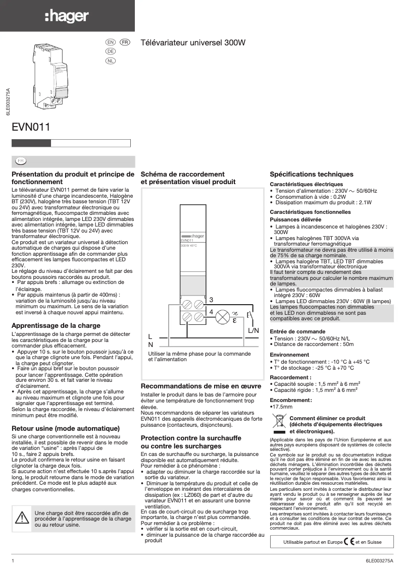 Page 1 of the manual User Manual Hager EVN011