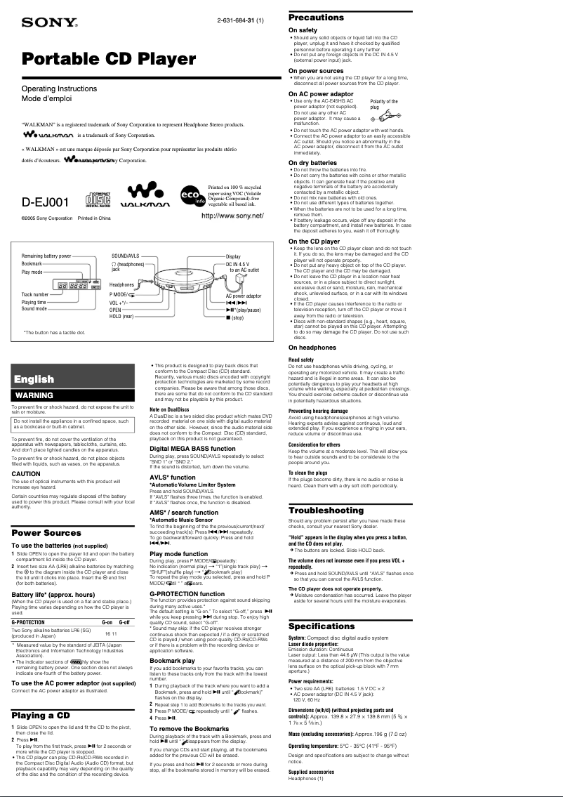 Page 1 de la notice Manuel utilisateur Sony D-EJ001