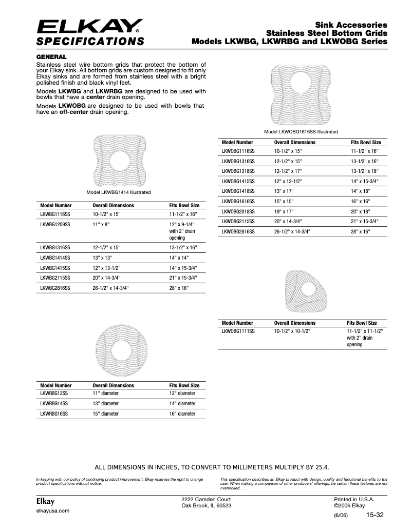 Page 1 of the manual Technical Sheet Elkay LKWOBG1415SS
