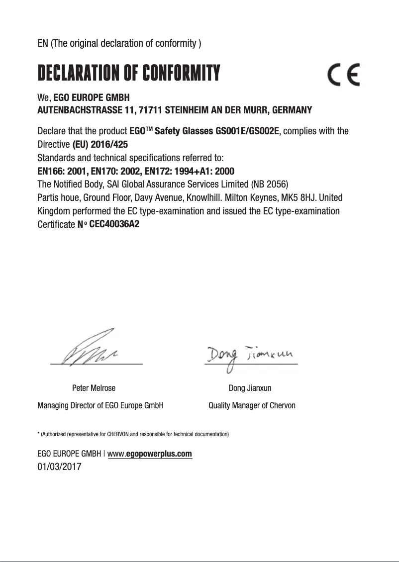 Page 1 de la notice Instructions de sécurité EGO GS002