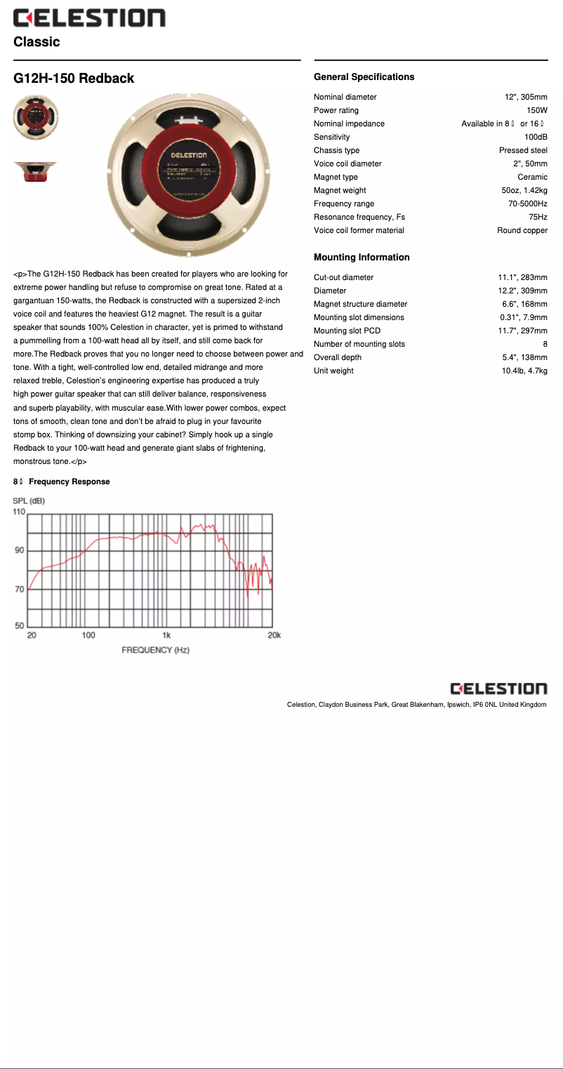 Page 1 de la notice Manuel utilisateur Celestion G12H-150