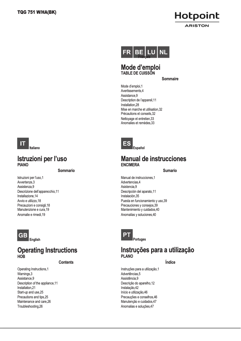Page 1 de la notice Manuel utilisateur Hotpoint Ariston TQG 751 W/HA(BK)