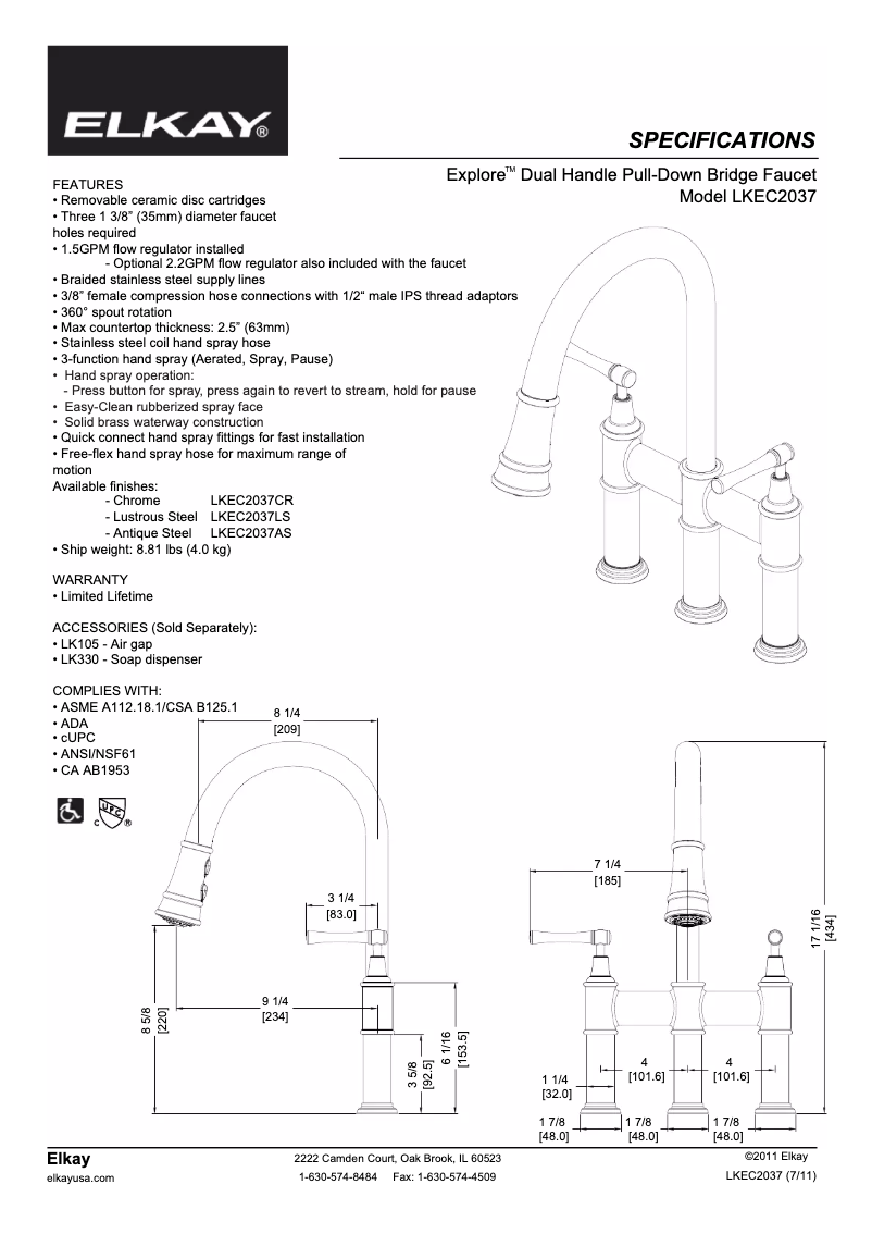 Page 1 de la notice Fiche technique Elkay LKEC2037CR
