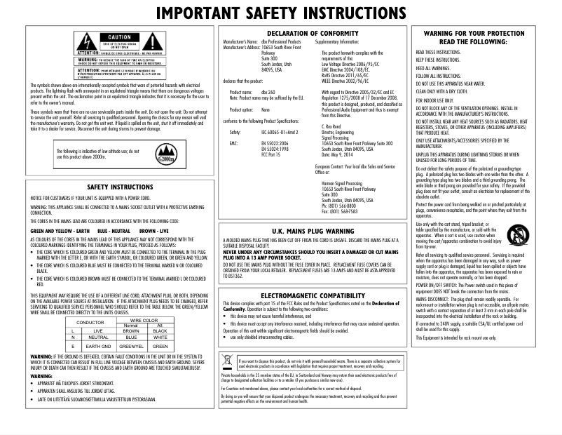 Page 1 de la notice Instructions de sécurité DBX DriveRack 260