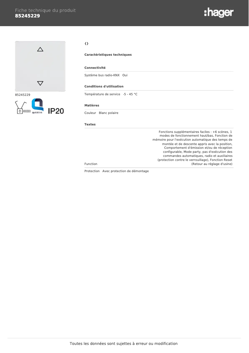 Page 1 de la notice Fiche technique Hager 85245229