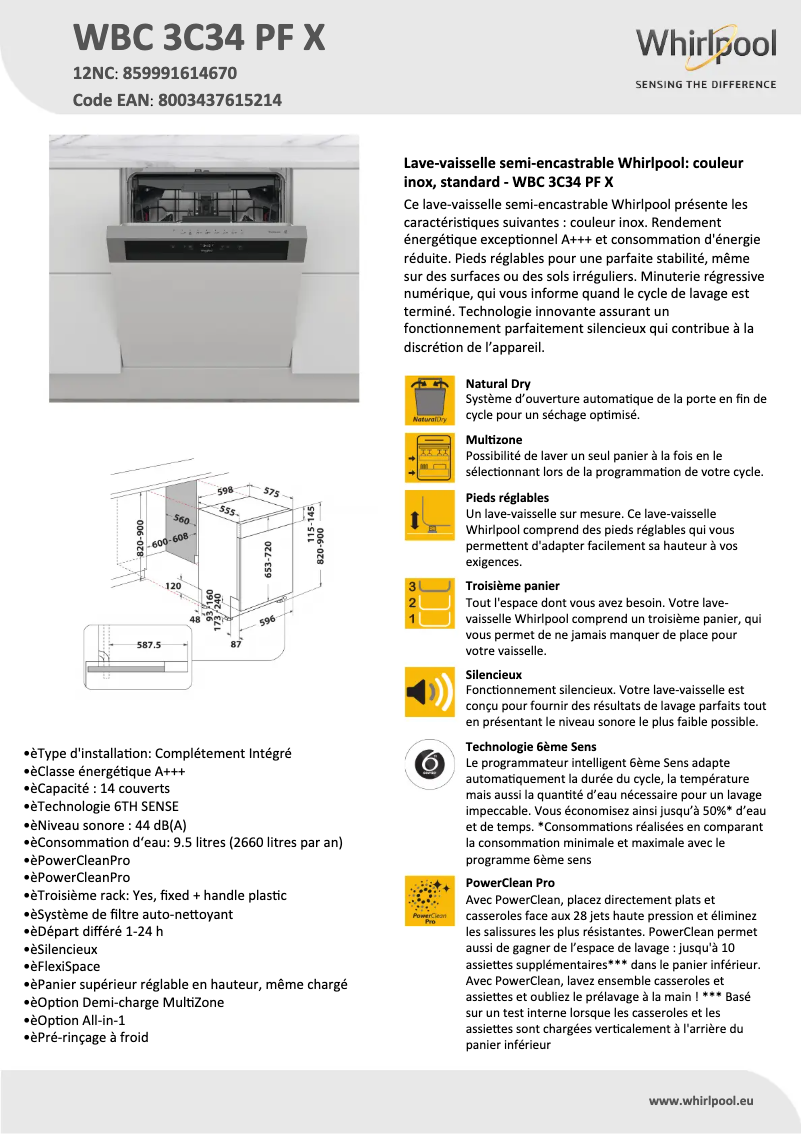 Page 1 de la notice Fiche technique Whirlpool WBC 3C34 PF X