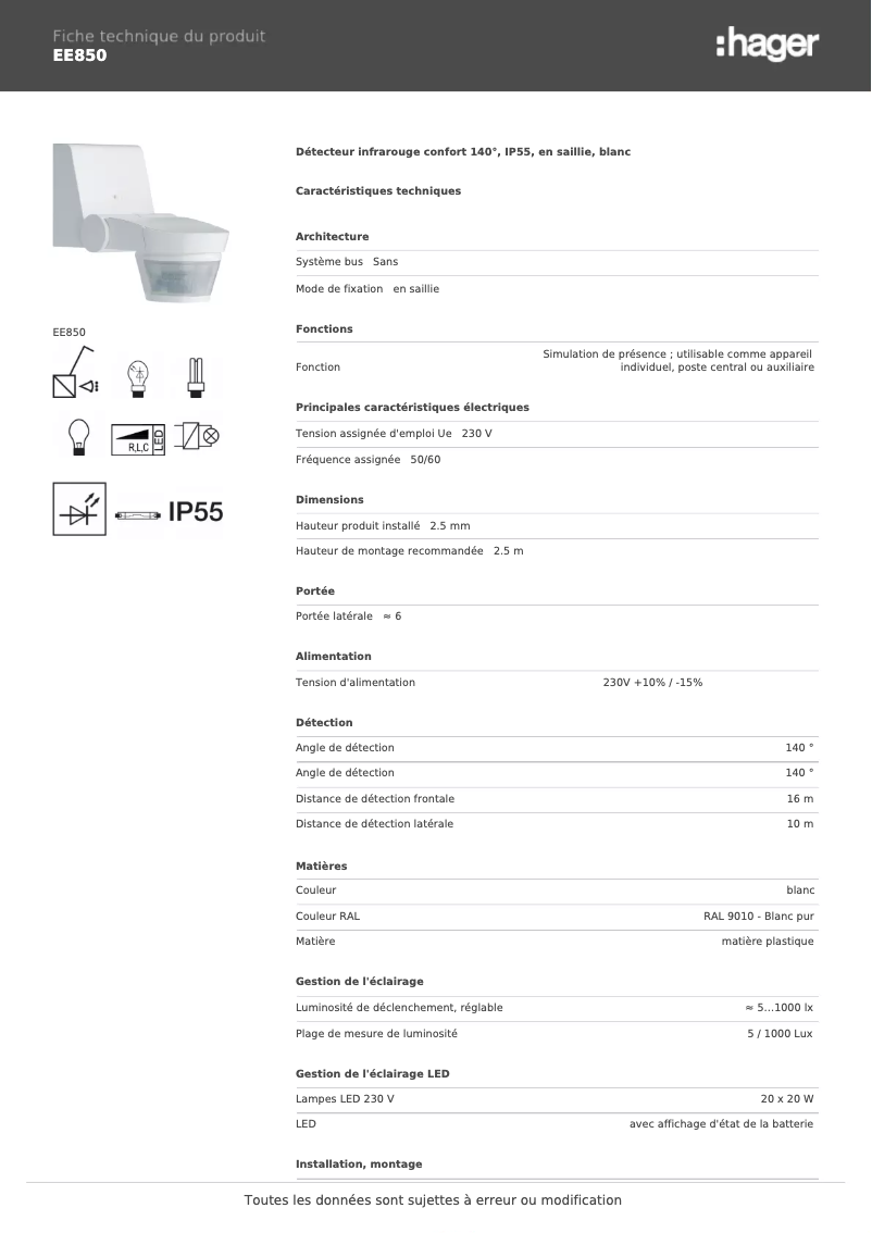 Page 1 de la notice Fiche technique Hager EE850