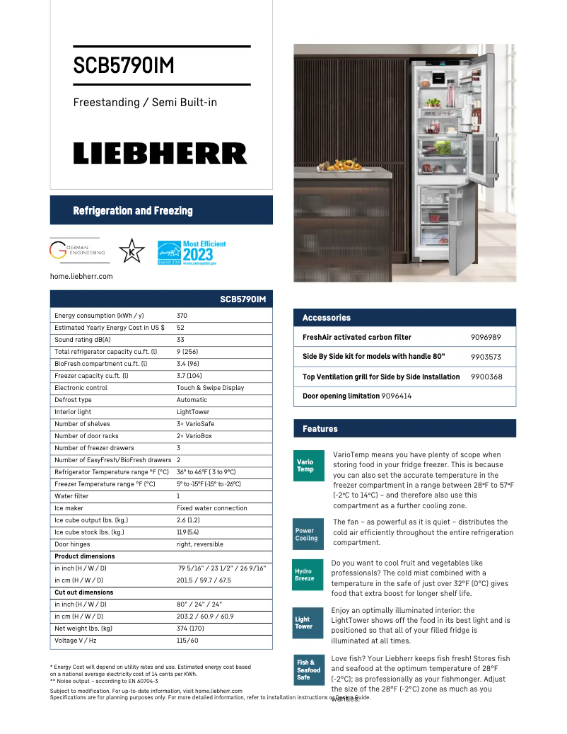 Page 1 de la notice Fiche technique Liebherr SCB5790IM