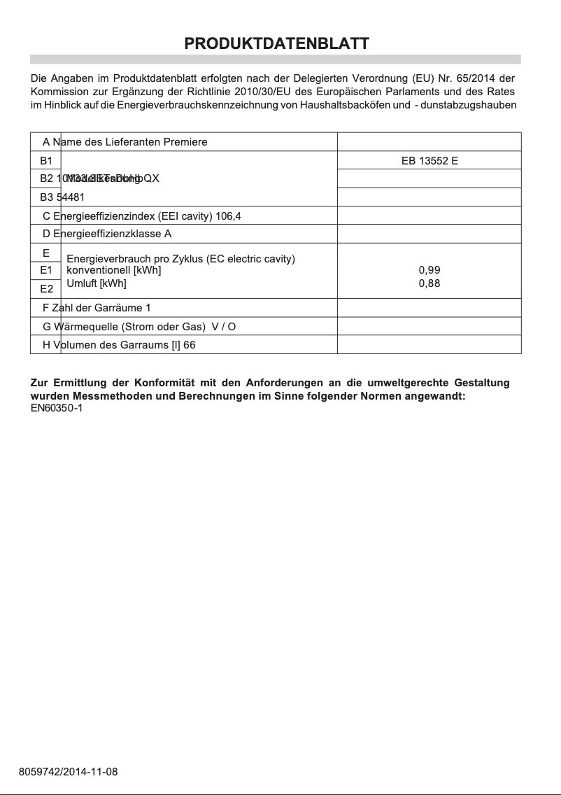 Page 1 de la notice Fiche technique Amica EB 13552 E