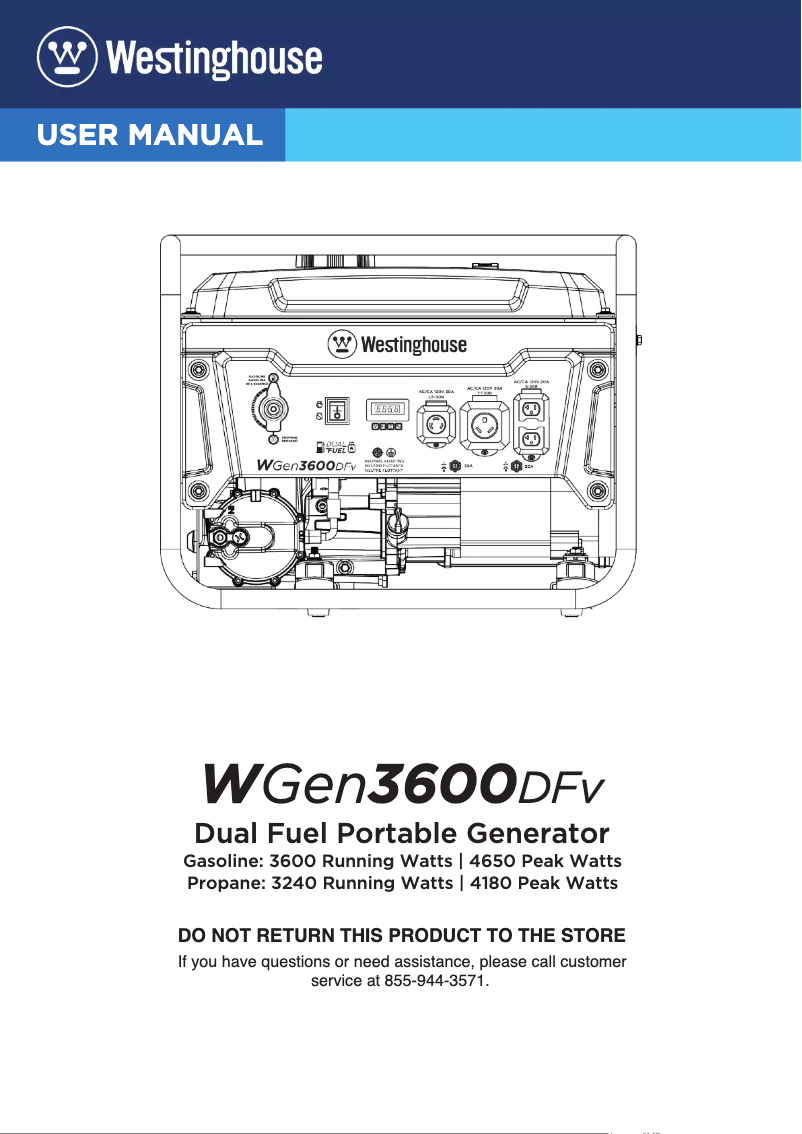 Page 1 de la notice Manuel utilisateur Westinghouse WGen3600DFv