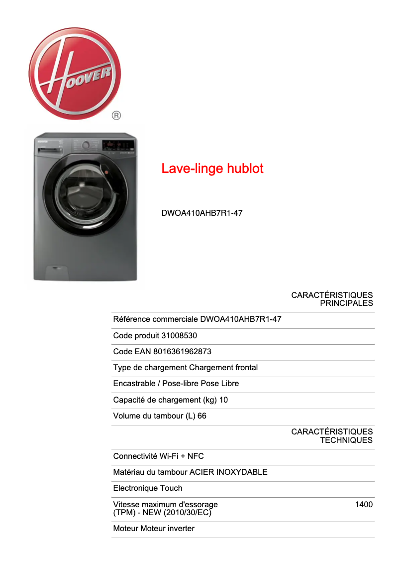 Página 1 del manual Ficha técnica Hoover Dynamic Next DWOA410AHB7R1-47