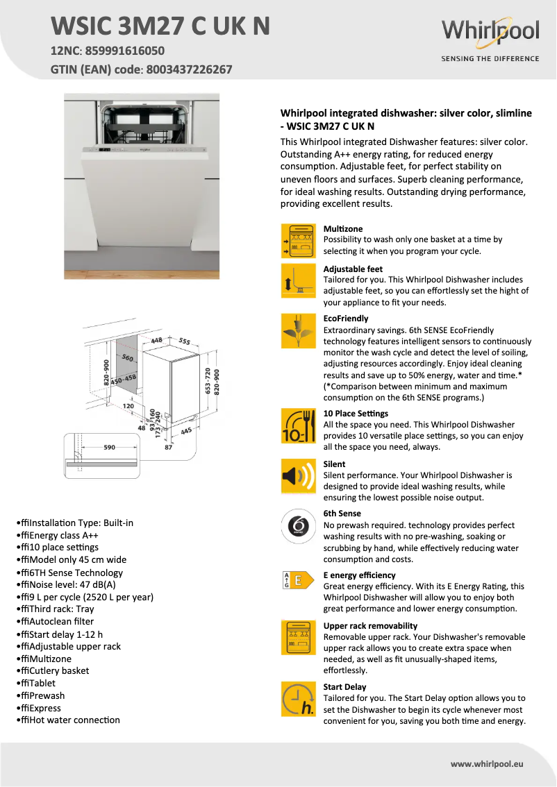 Página 1 del manual Ficha técnica Whirlpool WSIC 3M27 C UK
