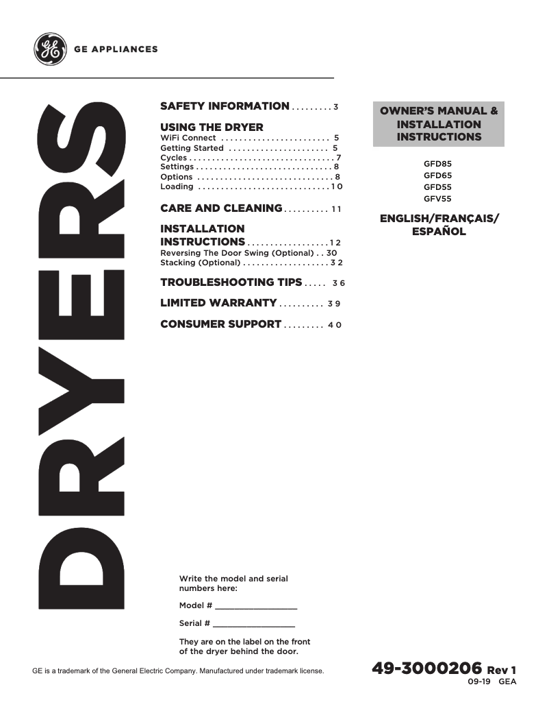 Page n°1 - Manuel utilisateur GE GFV55ESSNWW