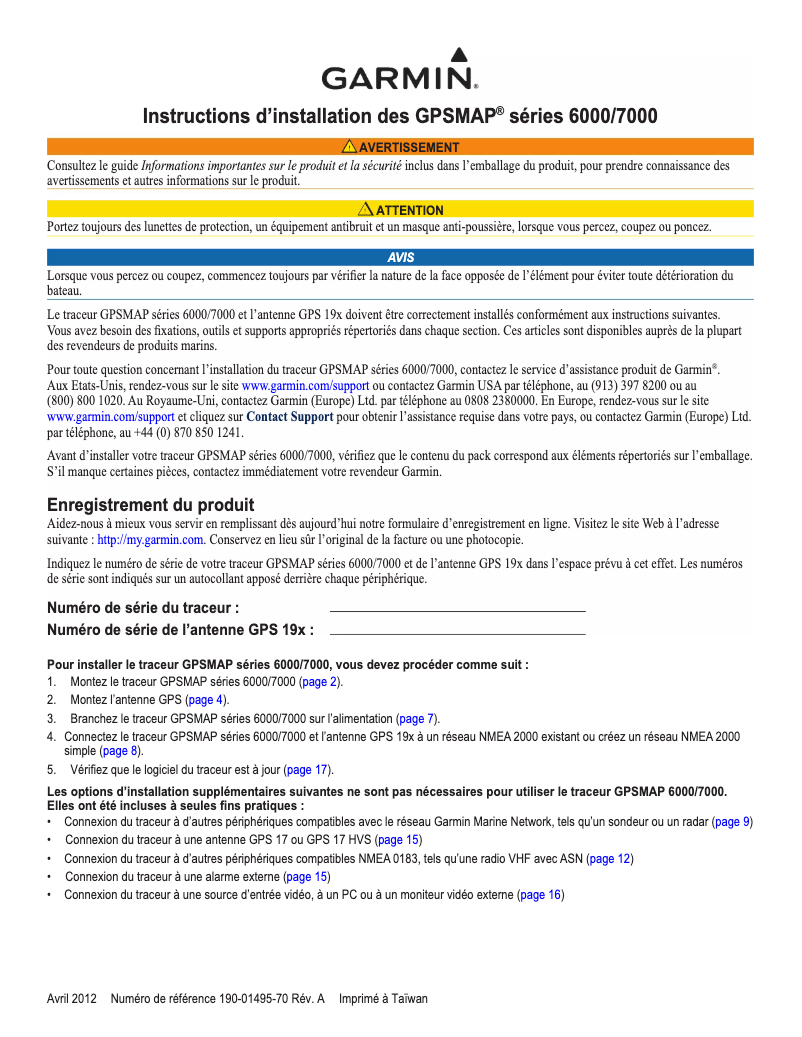 Page 1 de la notice Guide d'installation Garmin GPSMAP 6008