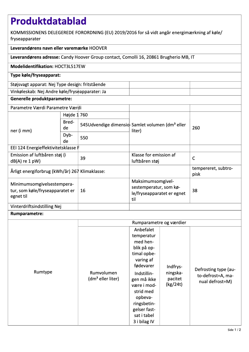 Page 1 de la notice Brochure Hoover HOCT3L517EW