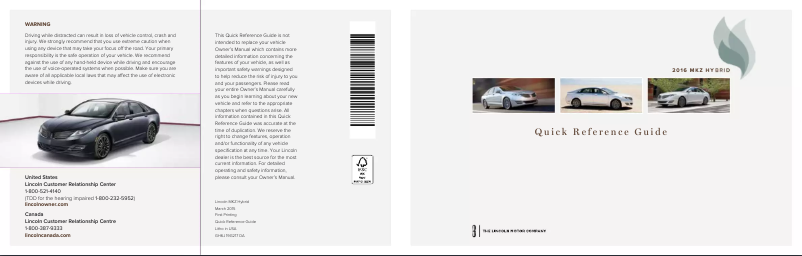 Page 1 de la notice Manuel utilisateur Lincoln MKZ Hybrid (2016)