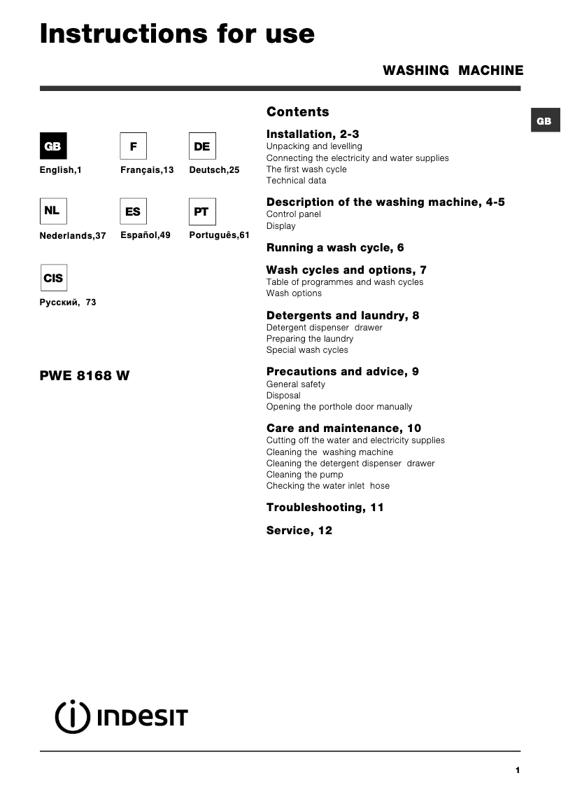 Page n°1 - Manuel utilisateur Indesit IWE 8168