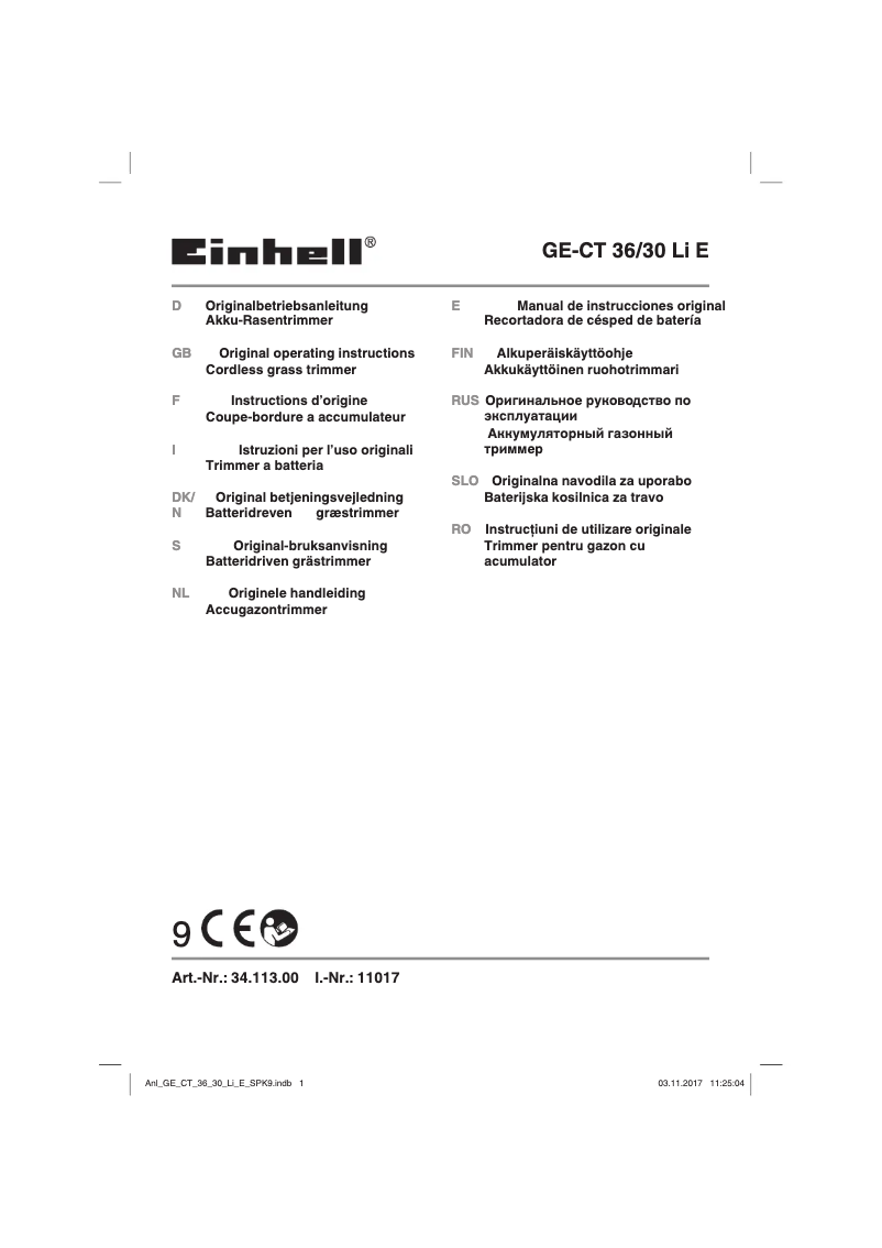 Page 1 de la notice Manuel utilisateur Einhell GE-CT 36/30 Li E-Solo