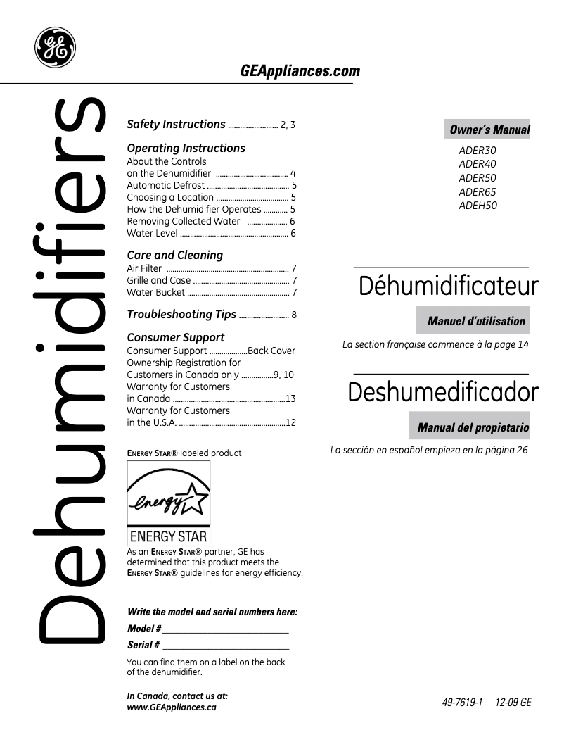 Image de la première page du manuel de l'appareil ADER40LN