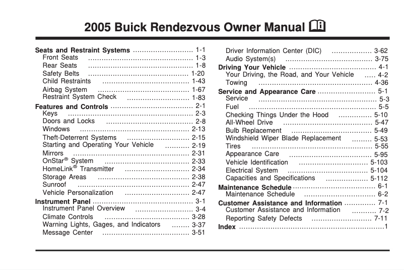 Page 1 de la notice Manuel utilisateur Buick Rainier (2005)